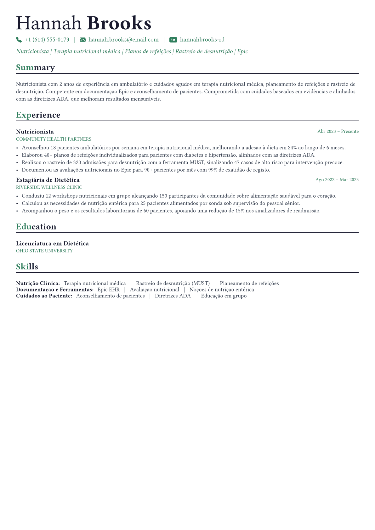 Dietitian exemplo de currículo