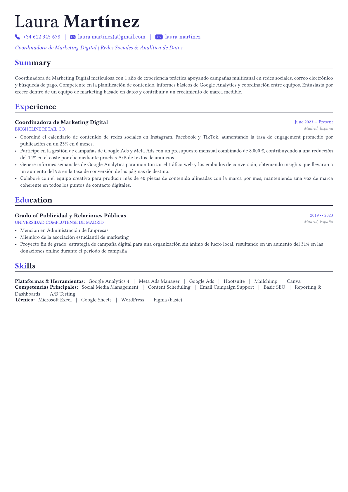Digital Marketing Manager ejemplo de CV