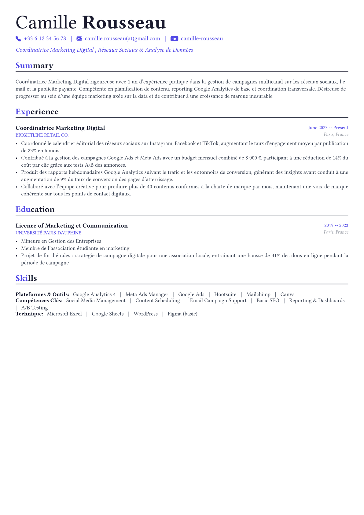 Digital Marketing Manager exemple de CV