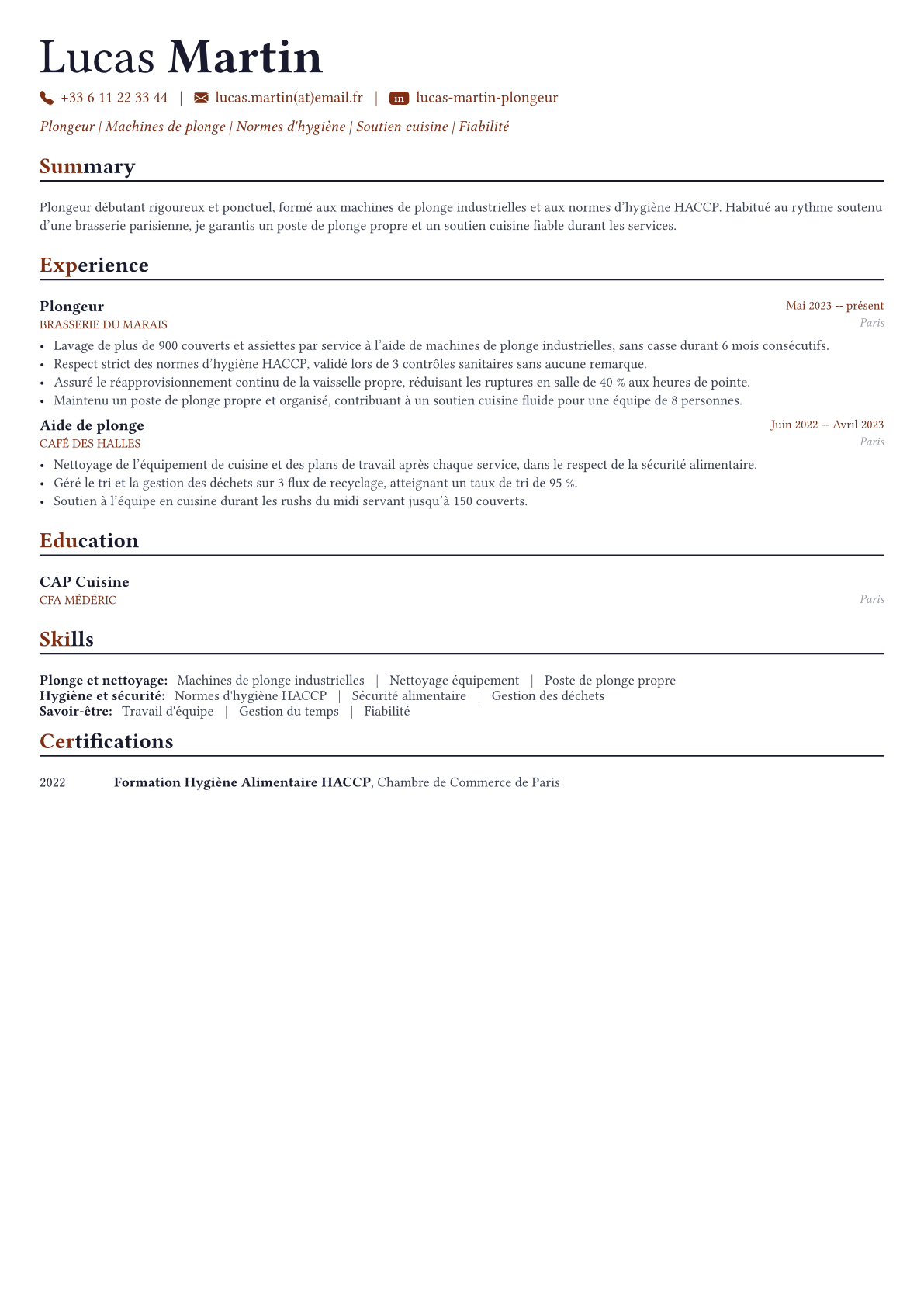 Plongeur exemple de CV