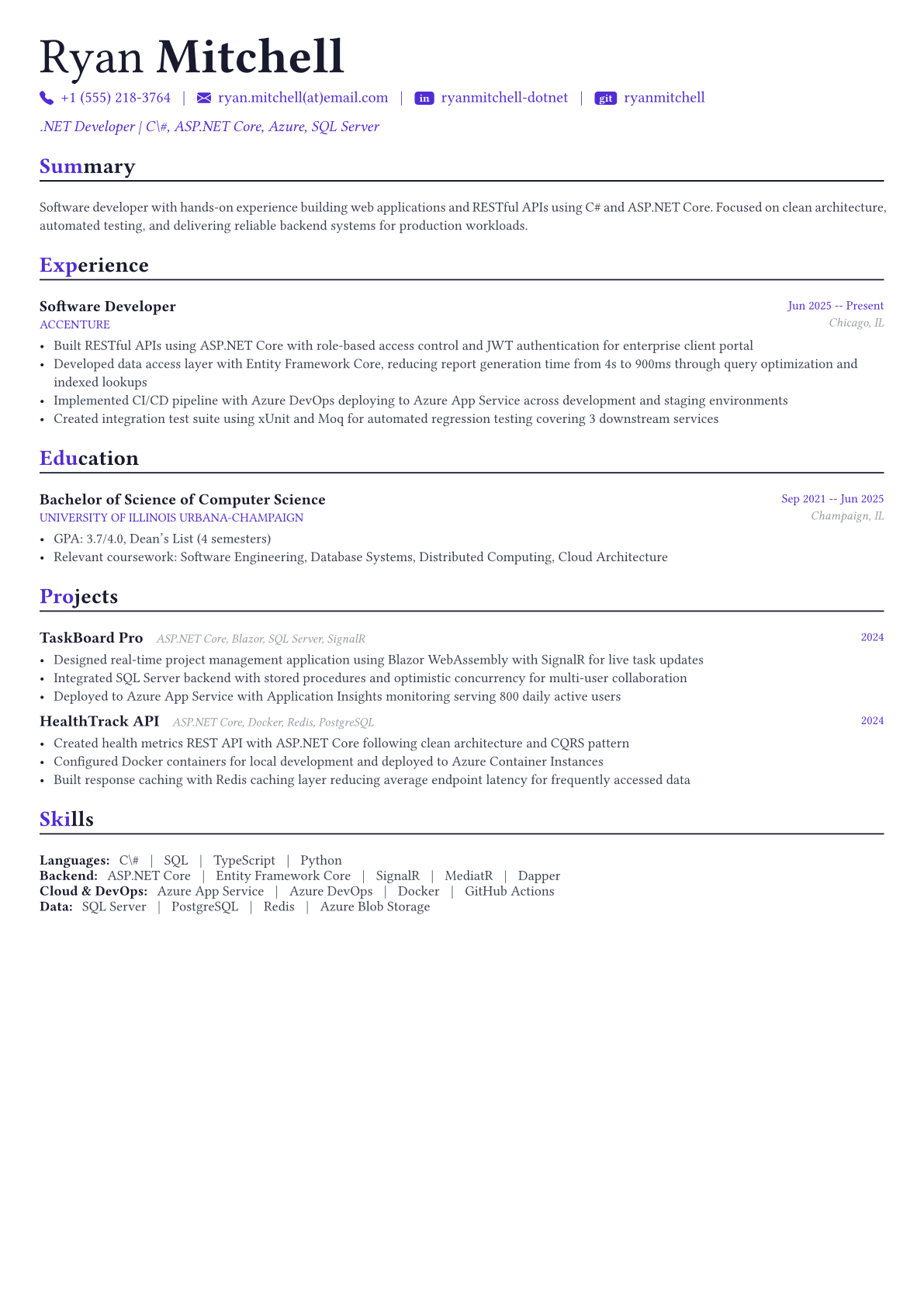 .NET Developer resume example