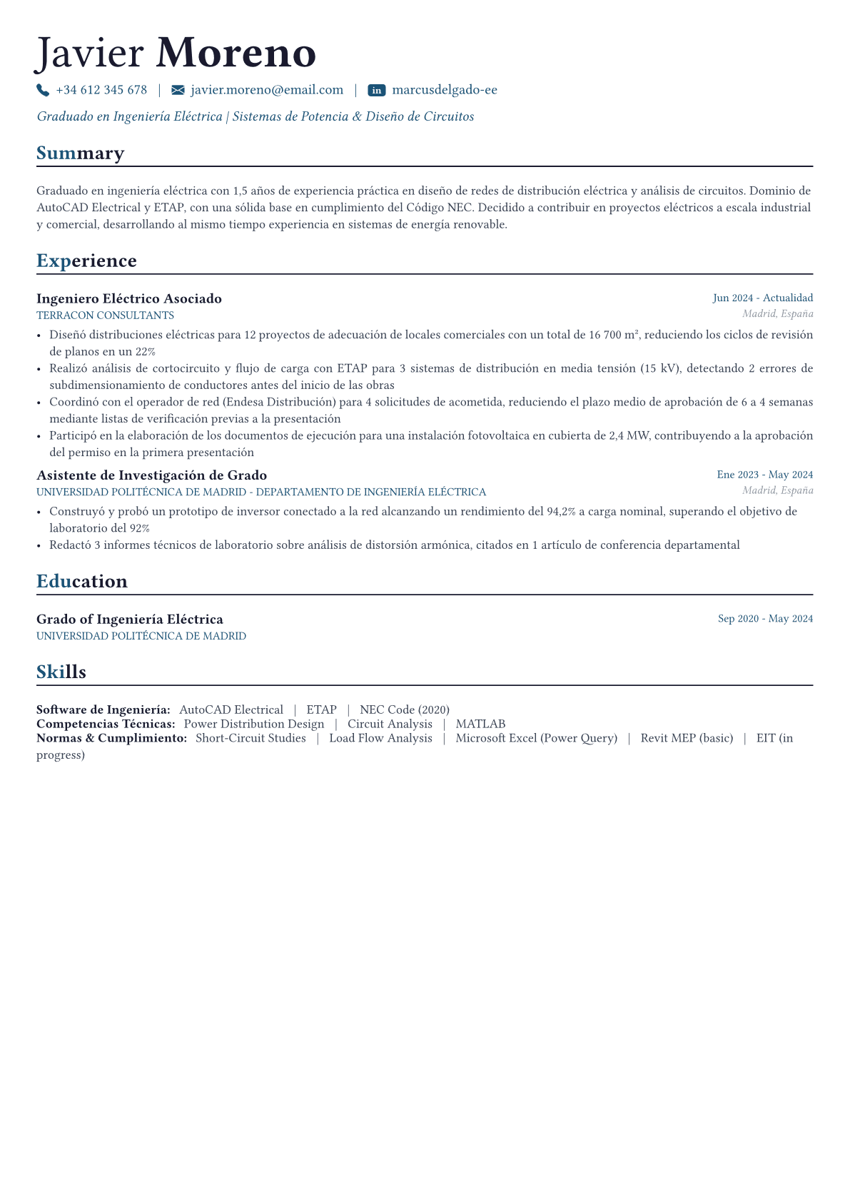 Electrical Engineer ejemplo de CV