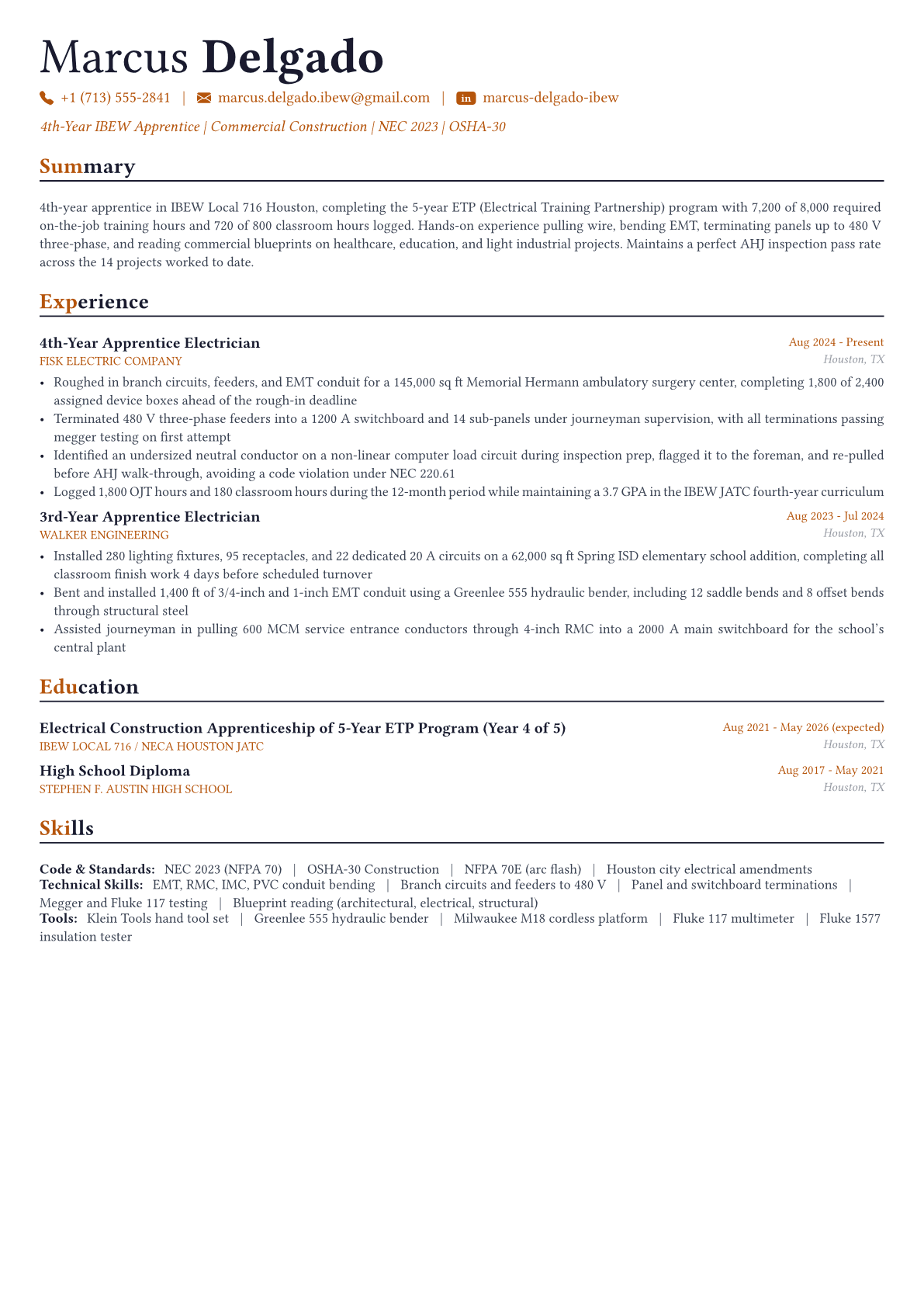 Electrician resume example