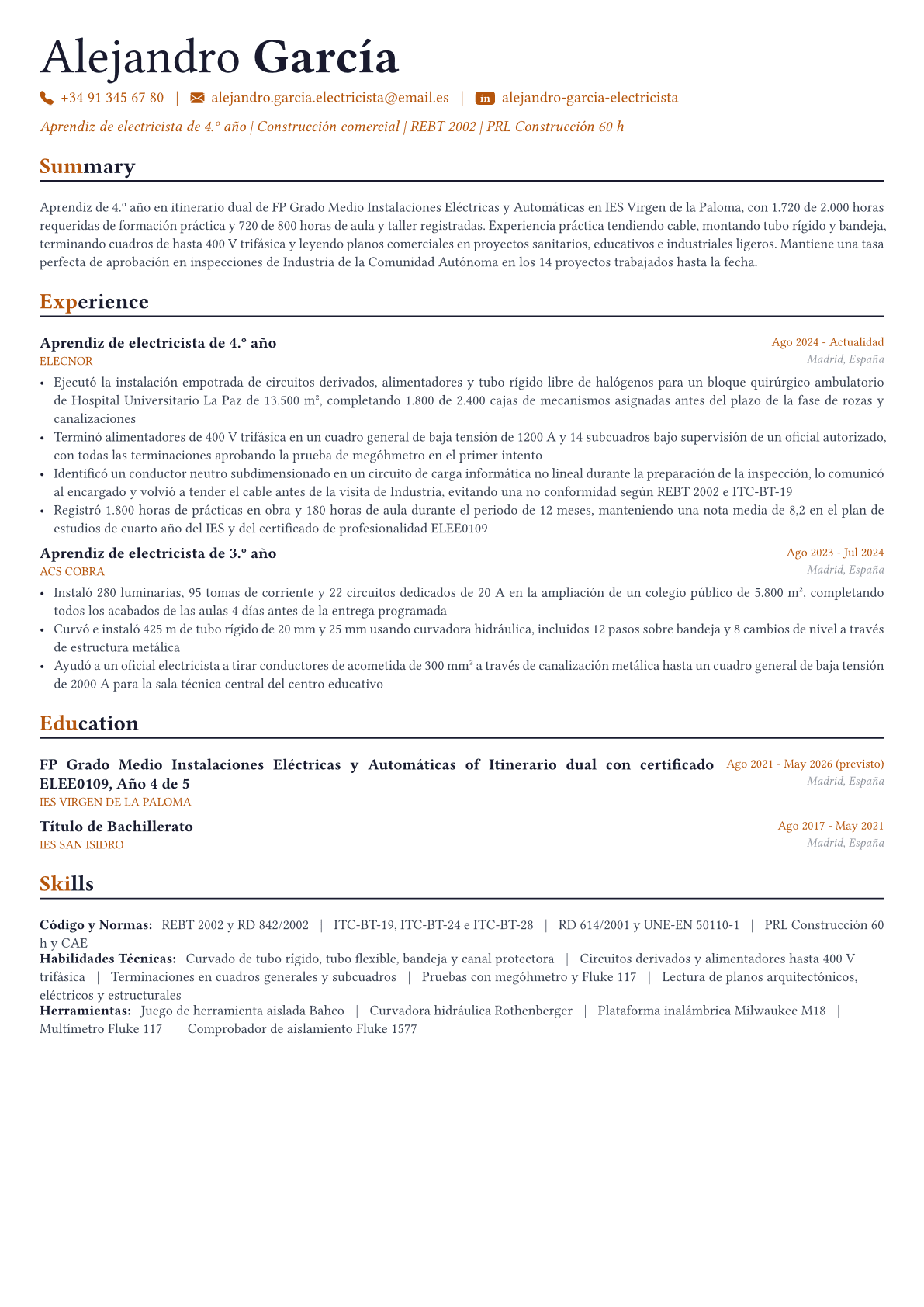 Electrician ejemplo de CV