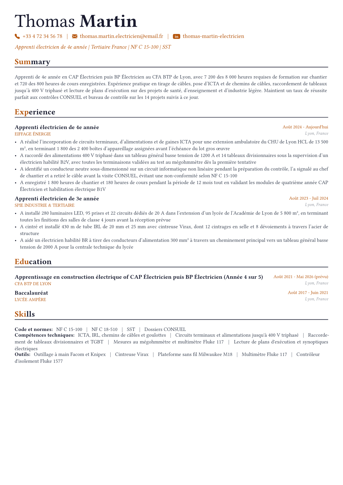 Electrician exemple de CV