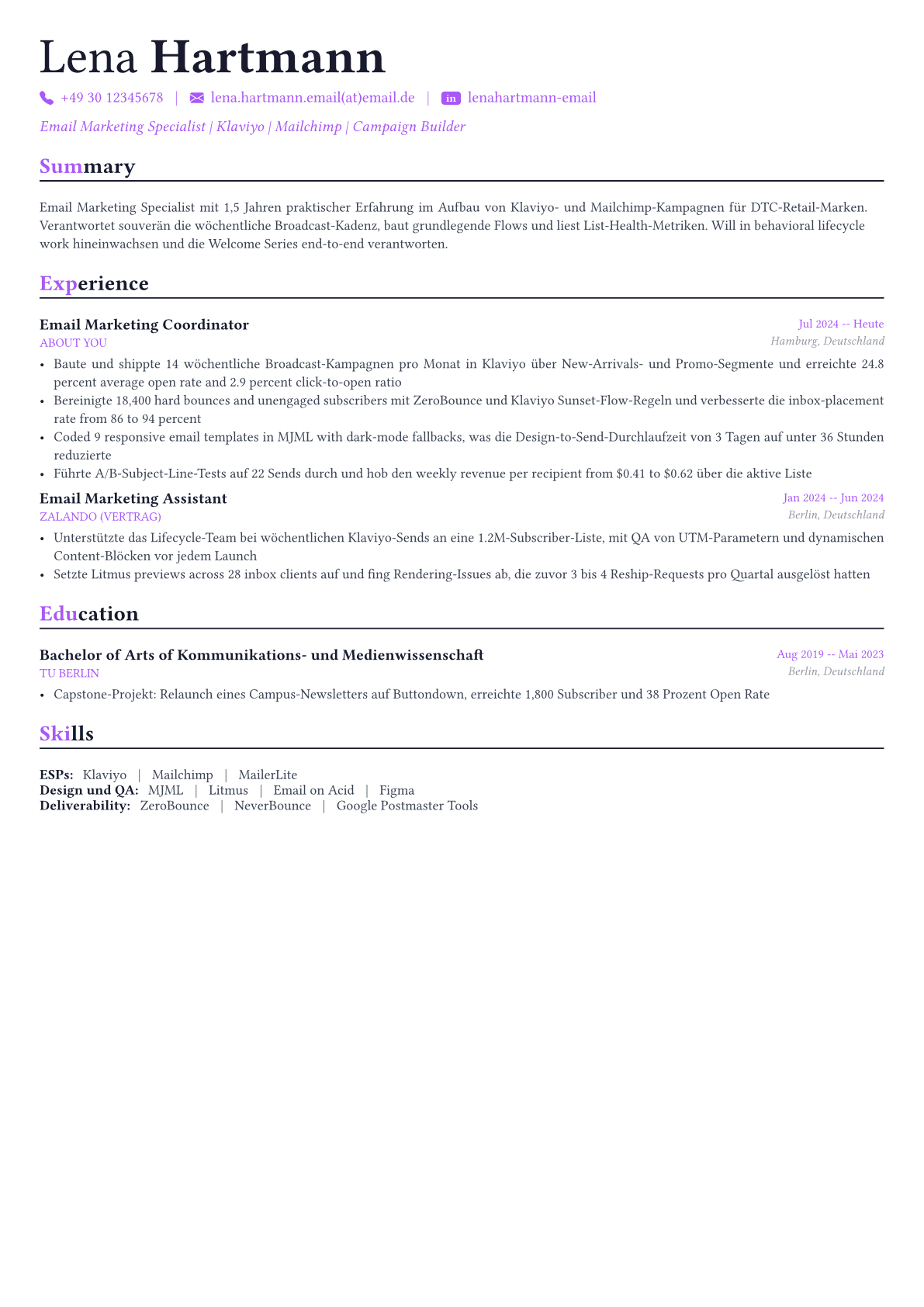 Email Marketing Specialist Lebenslauf-Beispiel