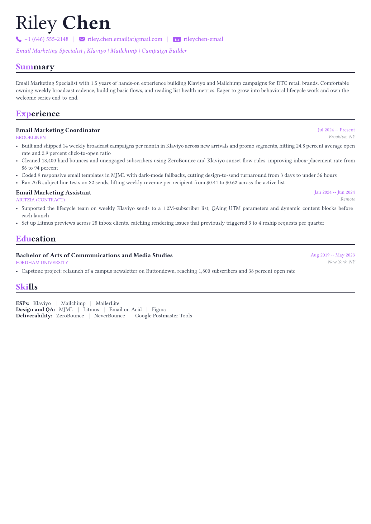 Email Marketing Specialist resume example