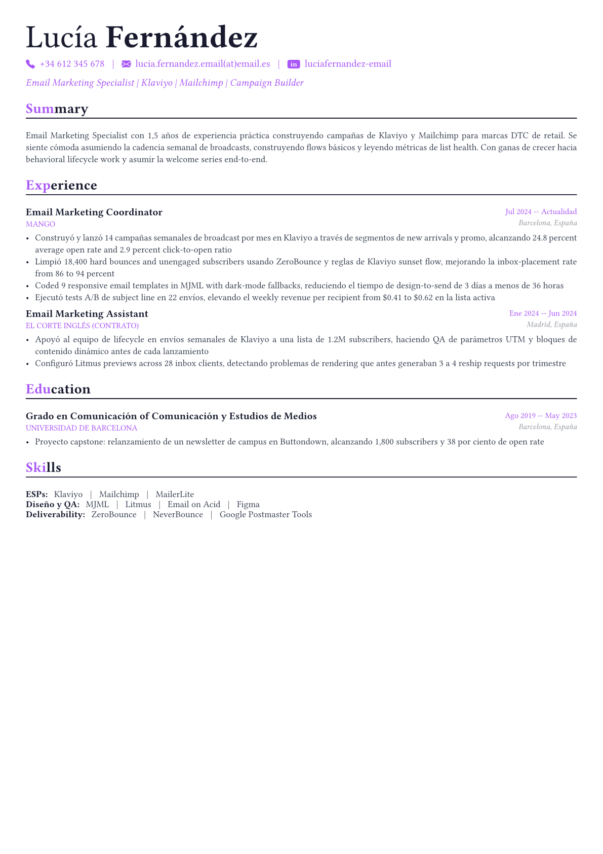 Email Marketing Specialist ejemplo de CV