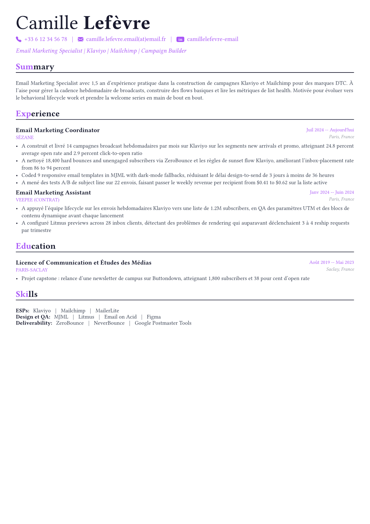 Email Marketing Specialist exemple de CV