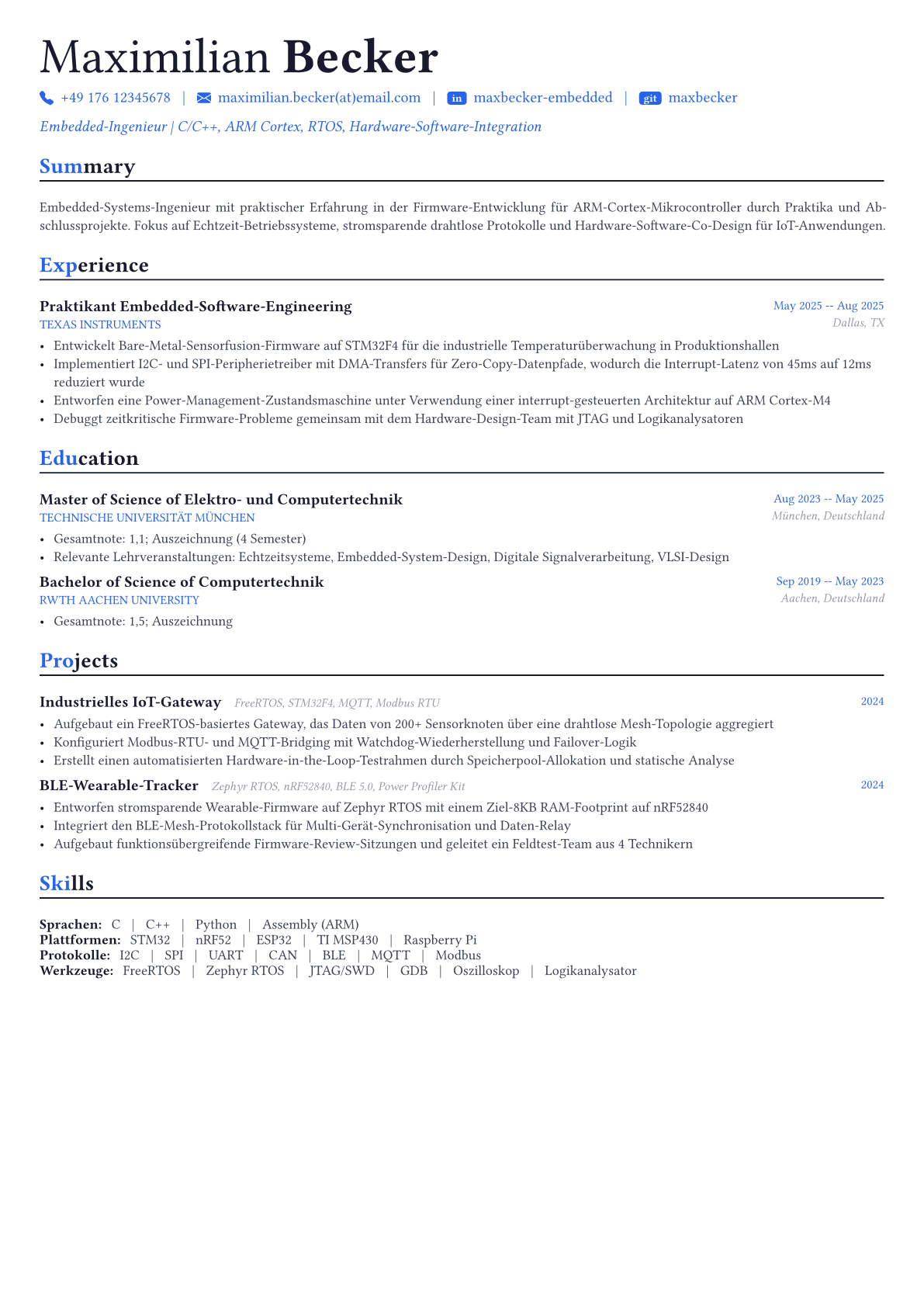 Embedded Engineer Lebenslauf-Beispiel