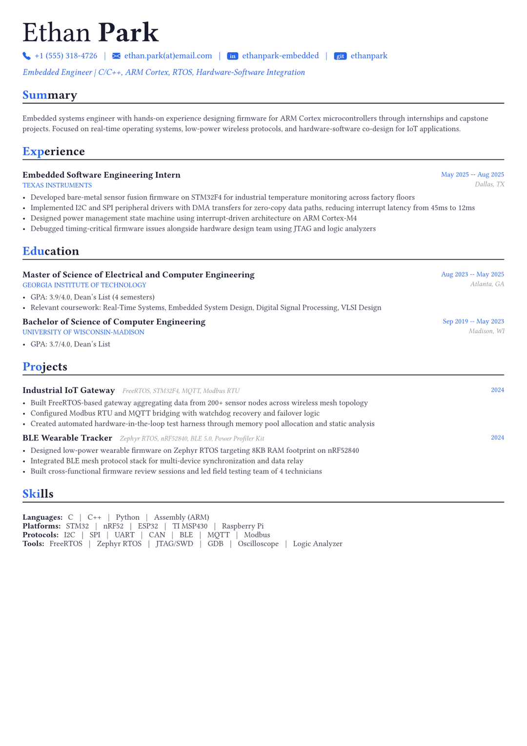 Embedded Engineer resume example