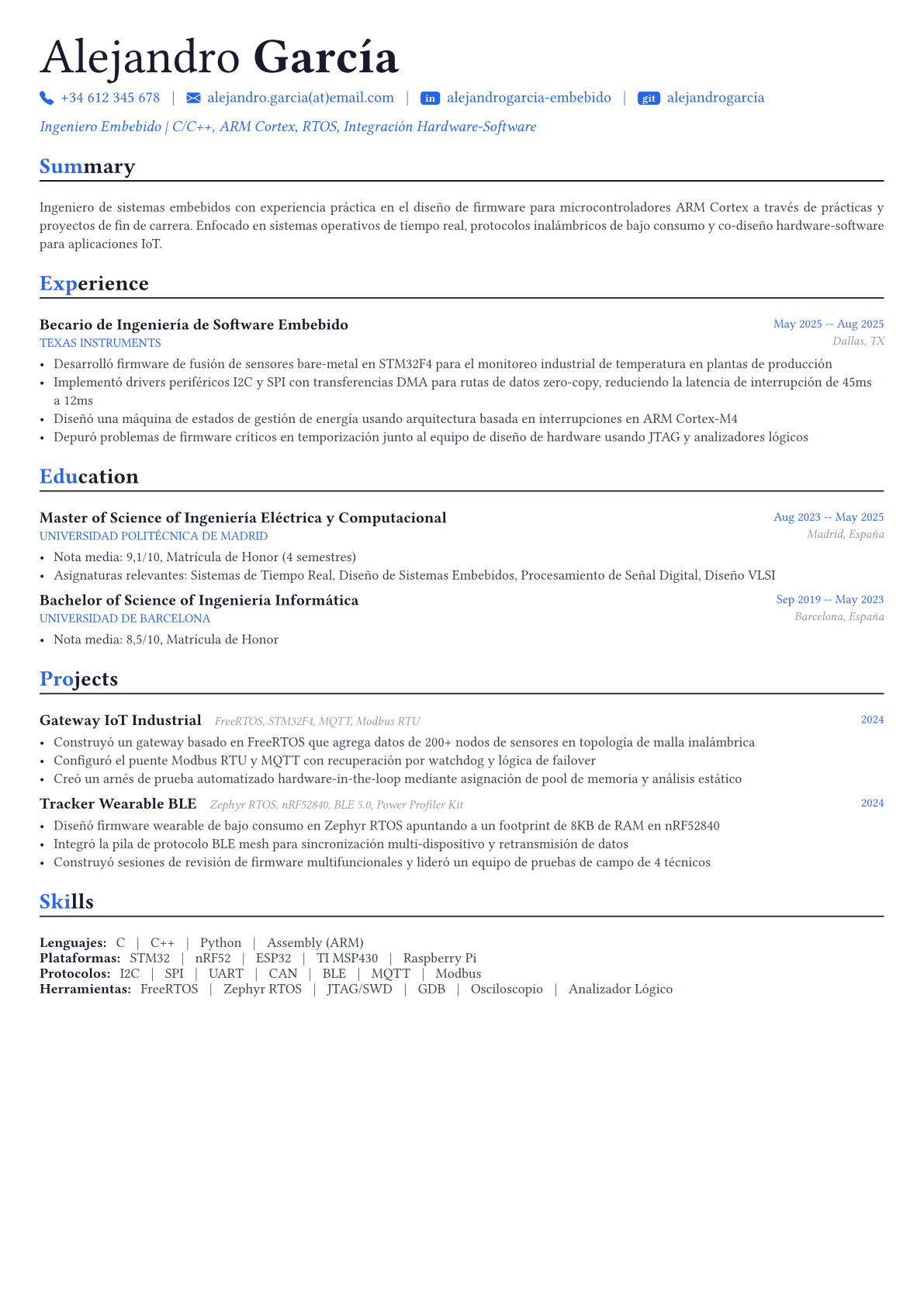 Embedded Engineer ejemplo de CV
