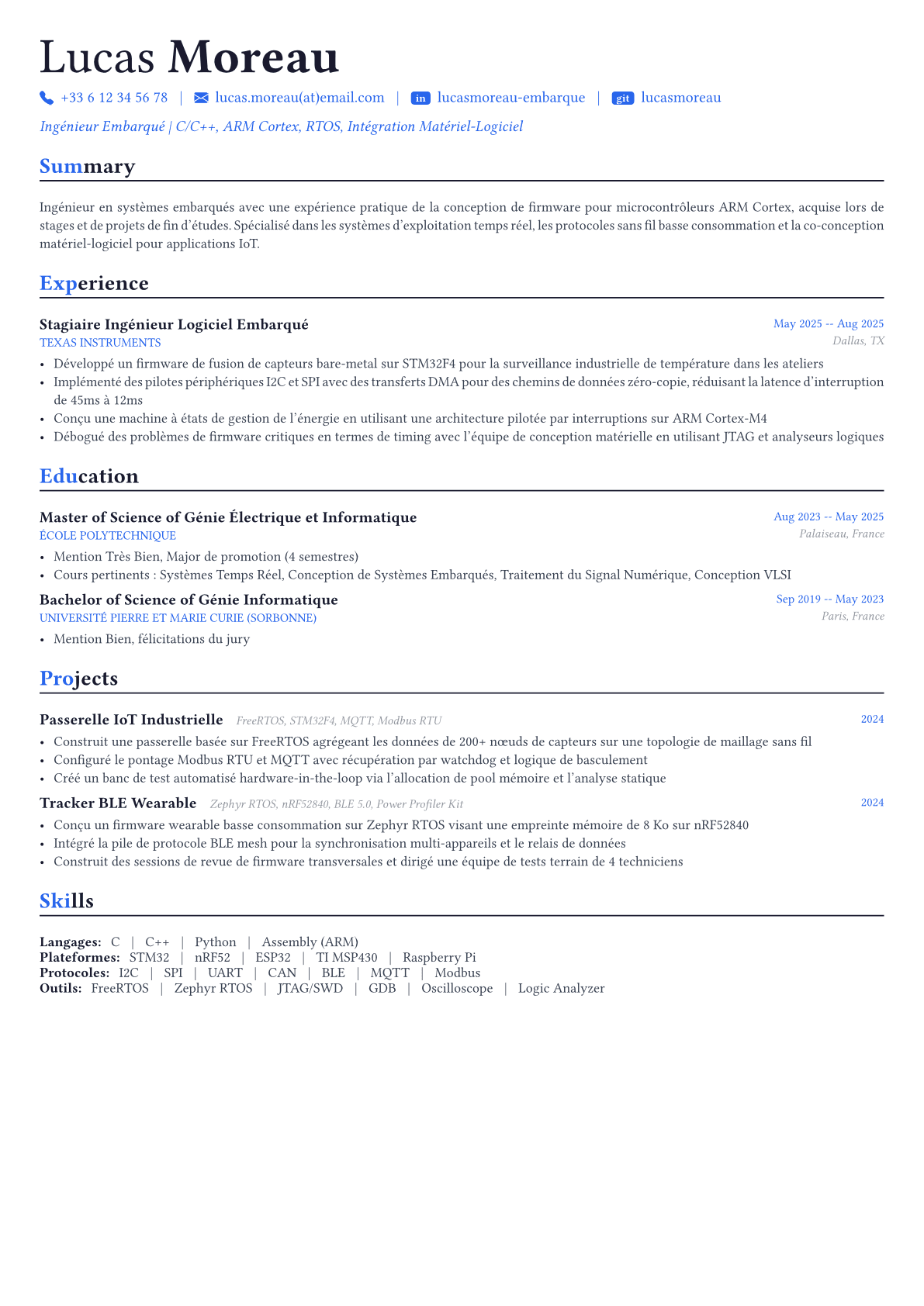 Embedded Engineer exemple de CV