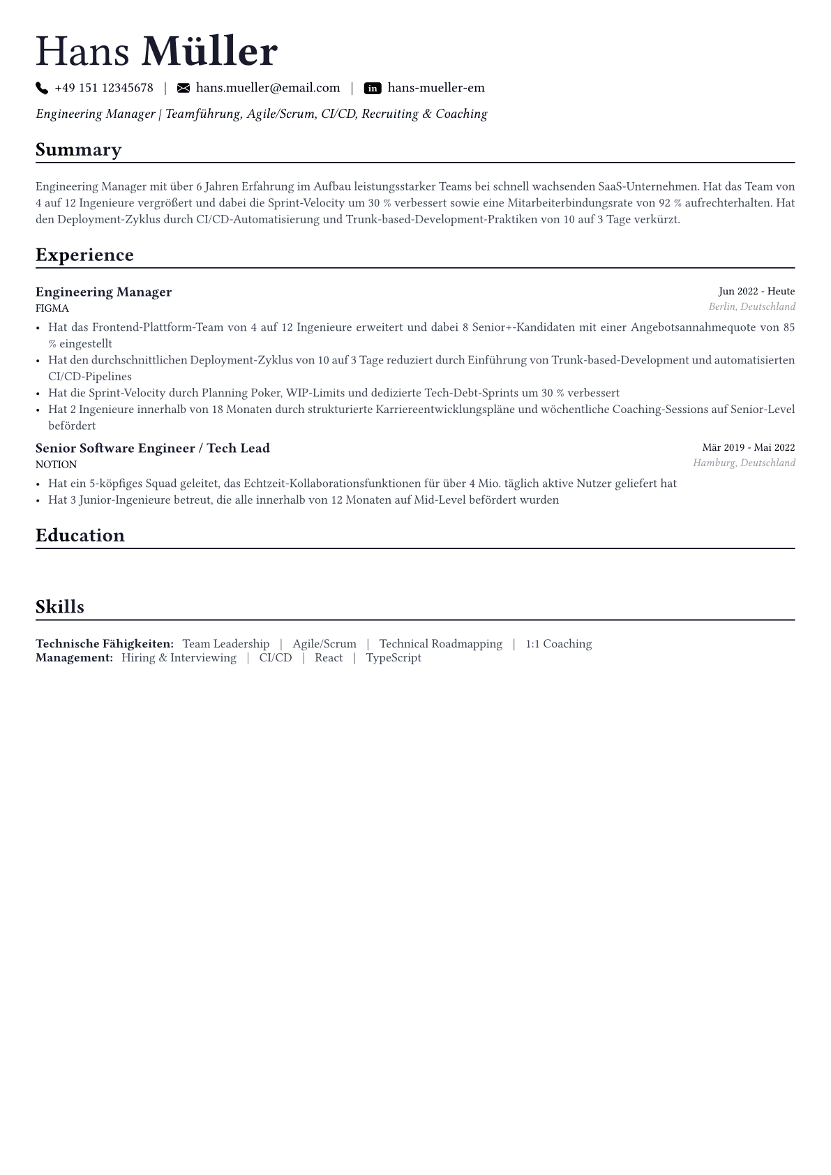 Engineering Manager Lebenslauf-Beispiel