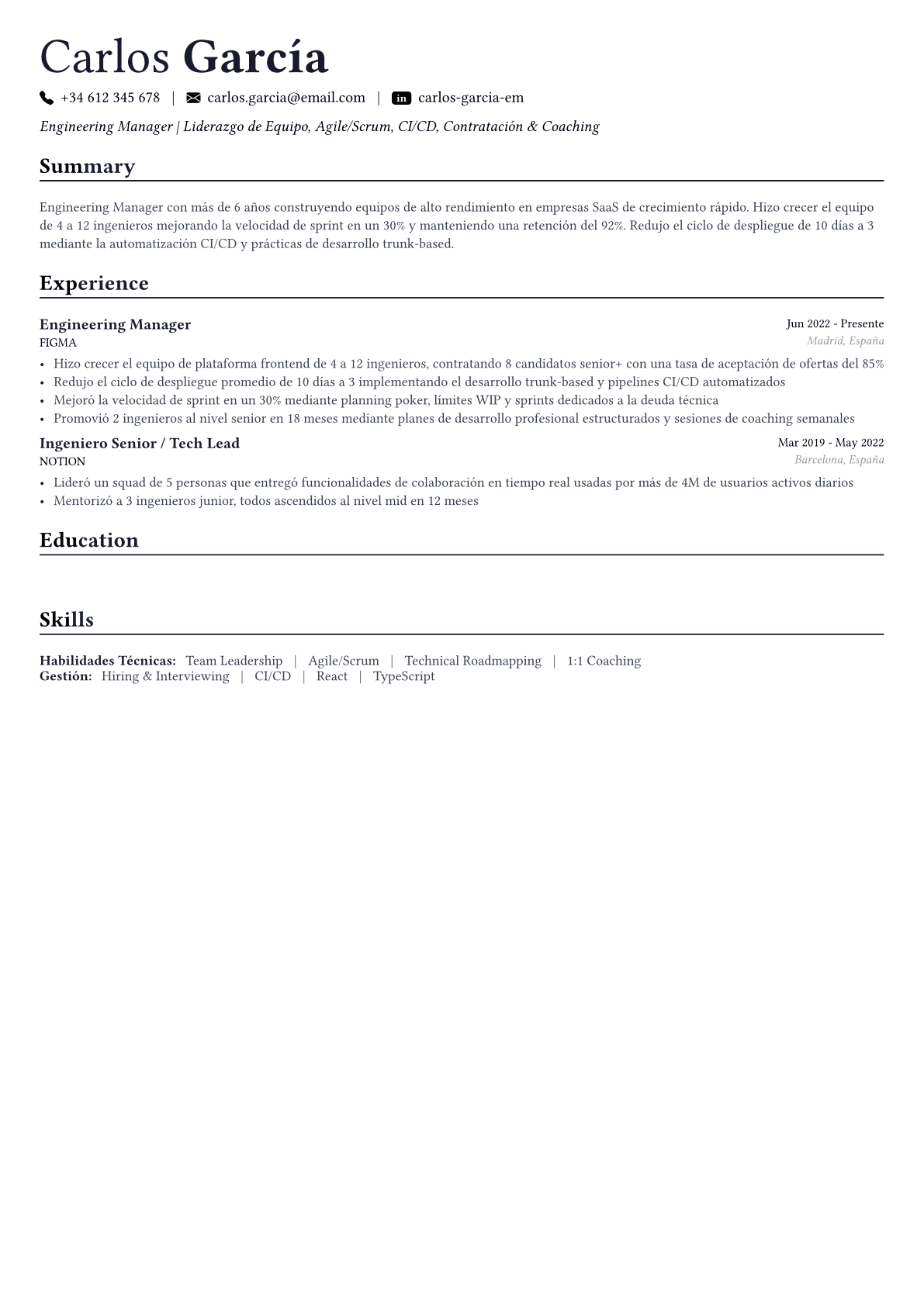 Engineering Manager ejemplo de CV