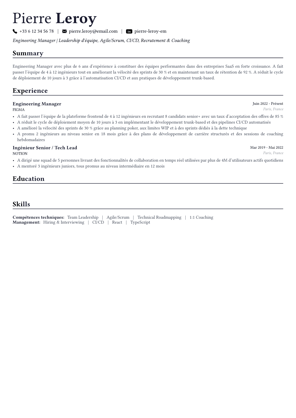 Engineering Manager exemple de CV