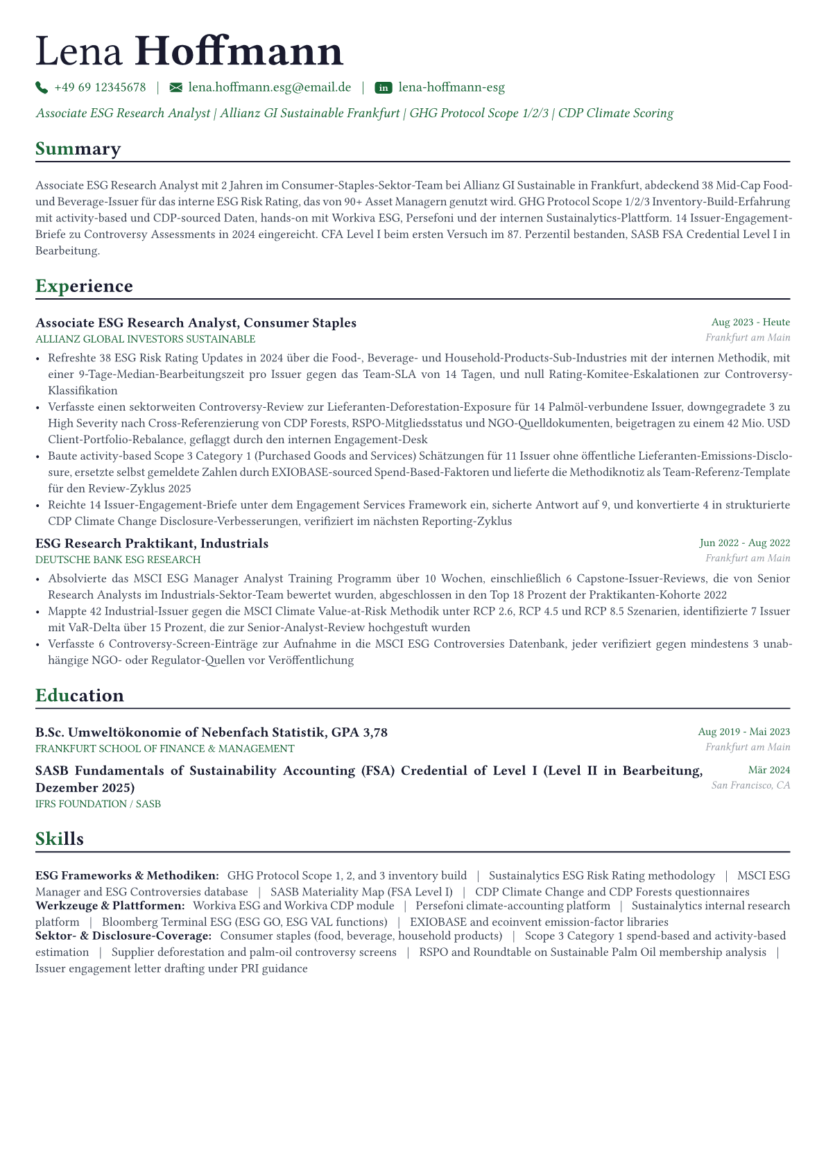 ESG Analyst Lebenslauf-Beispiel