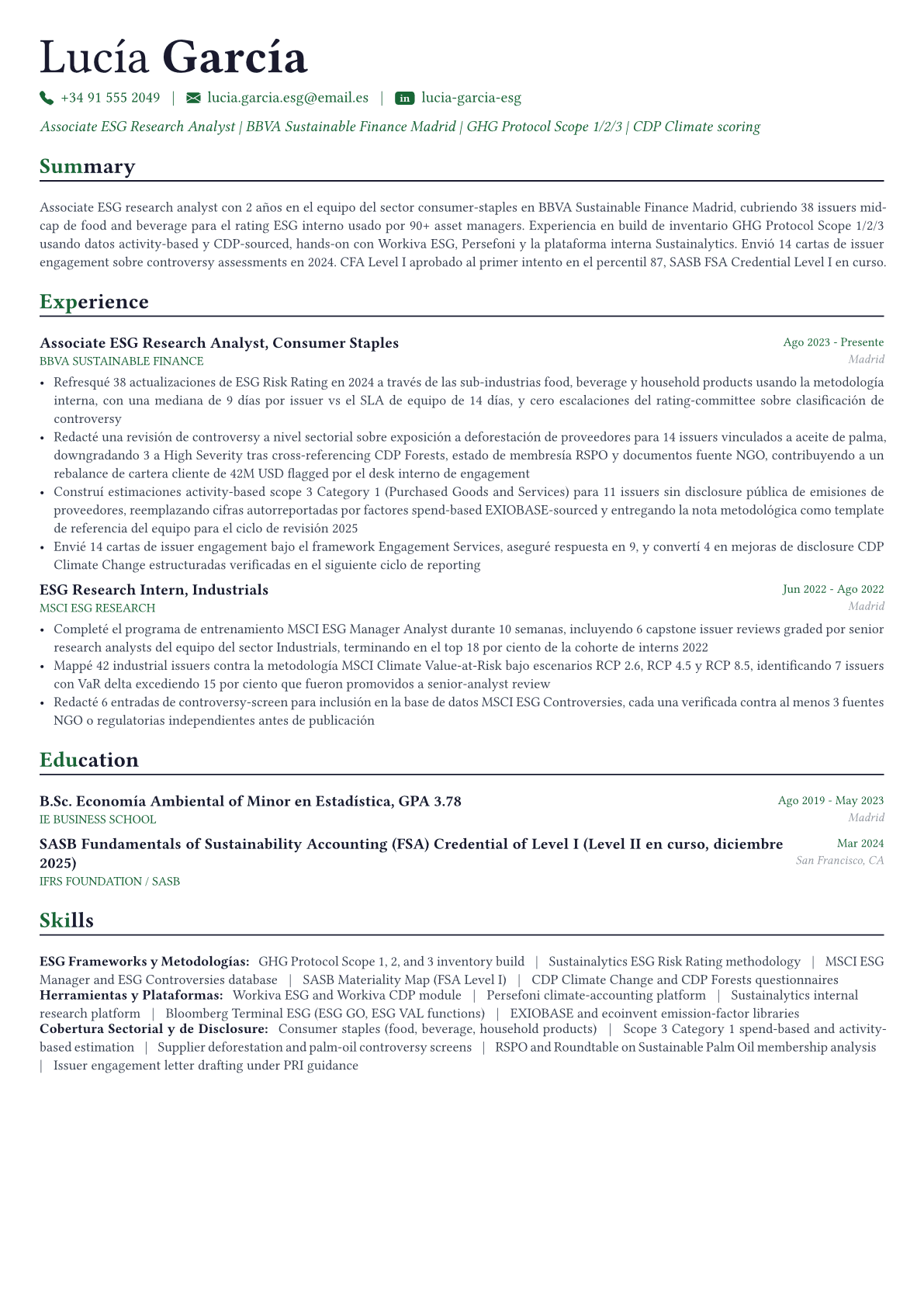 ESG Analyst ejemplo de CV