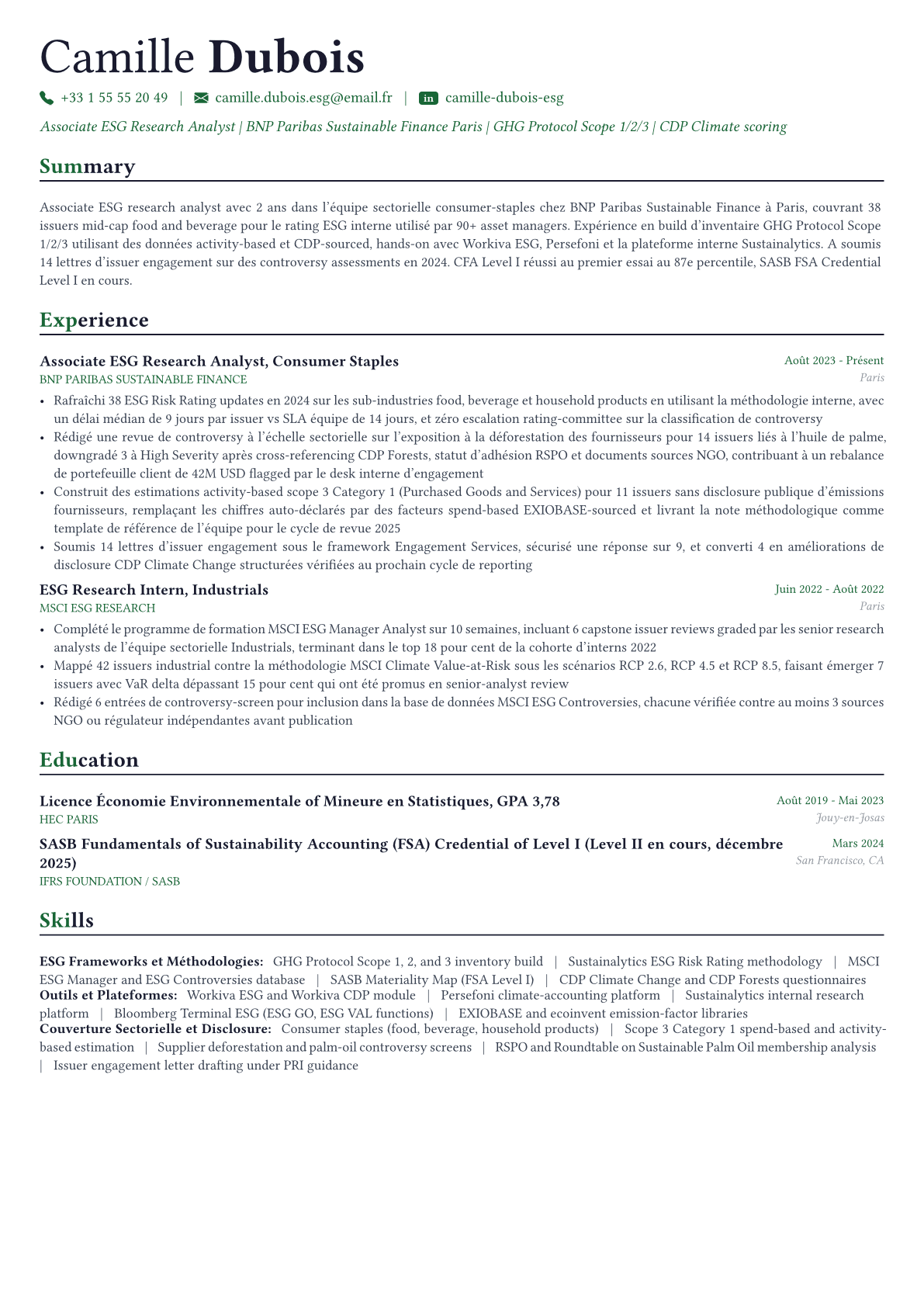 ESG Analyst exemple de CV