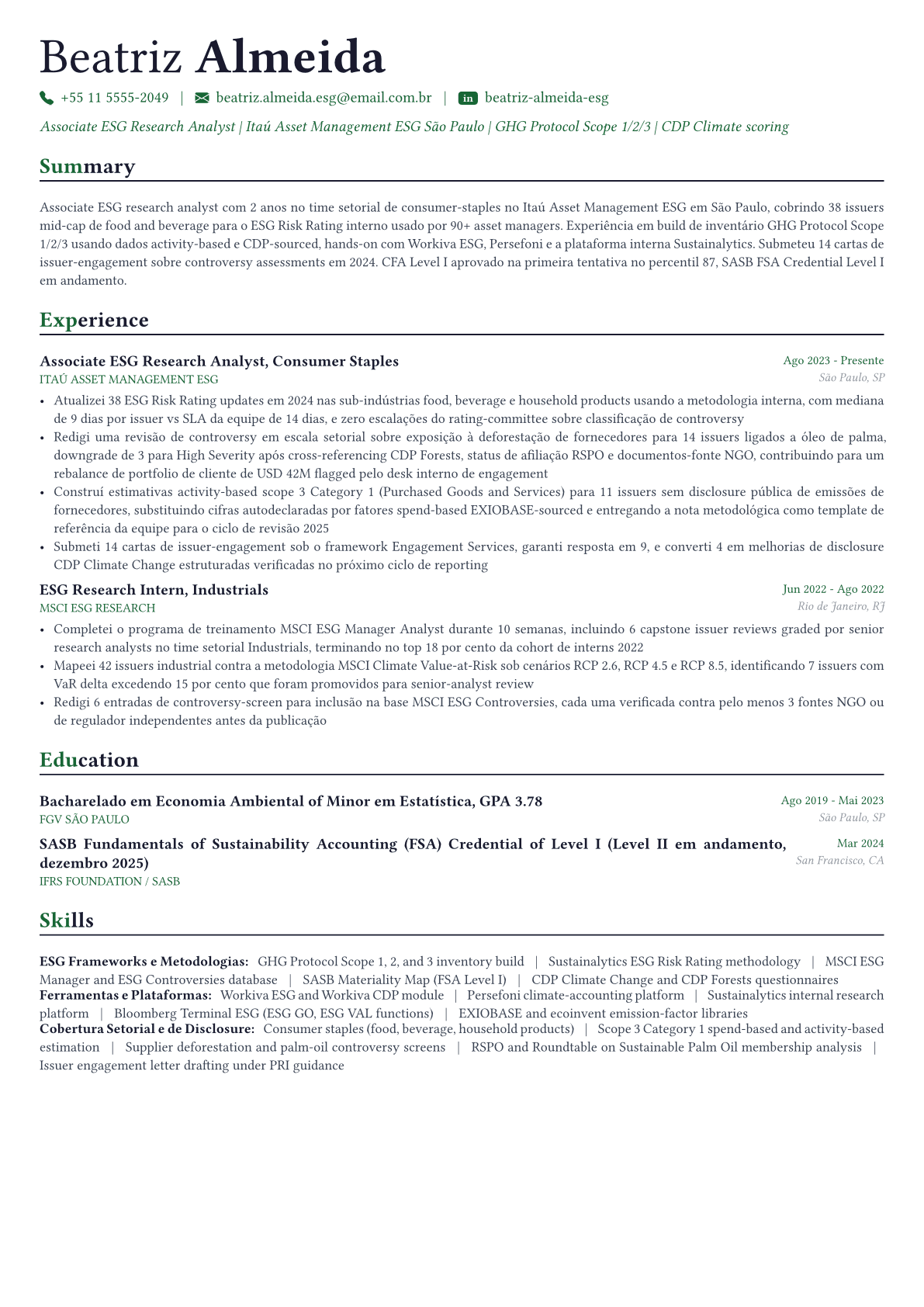 ESG Analyst exemplo de currículo