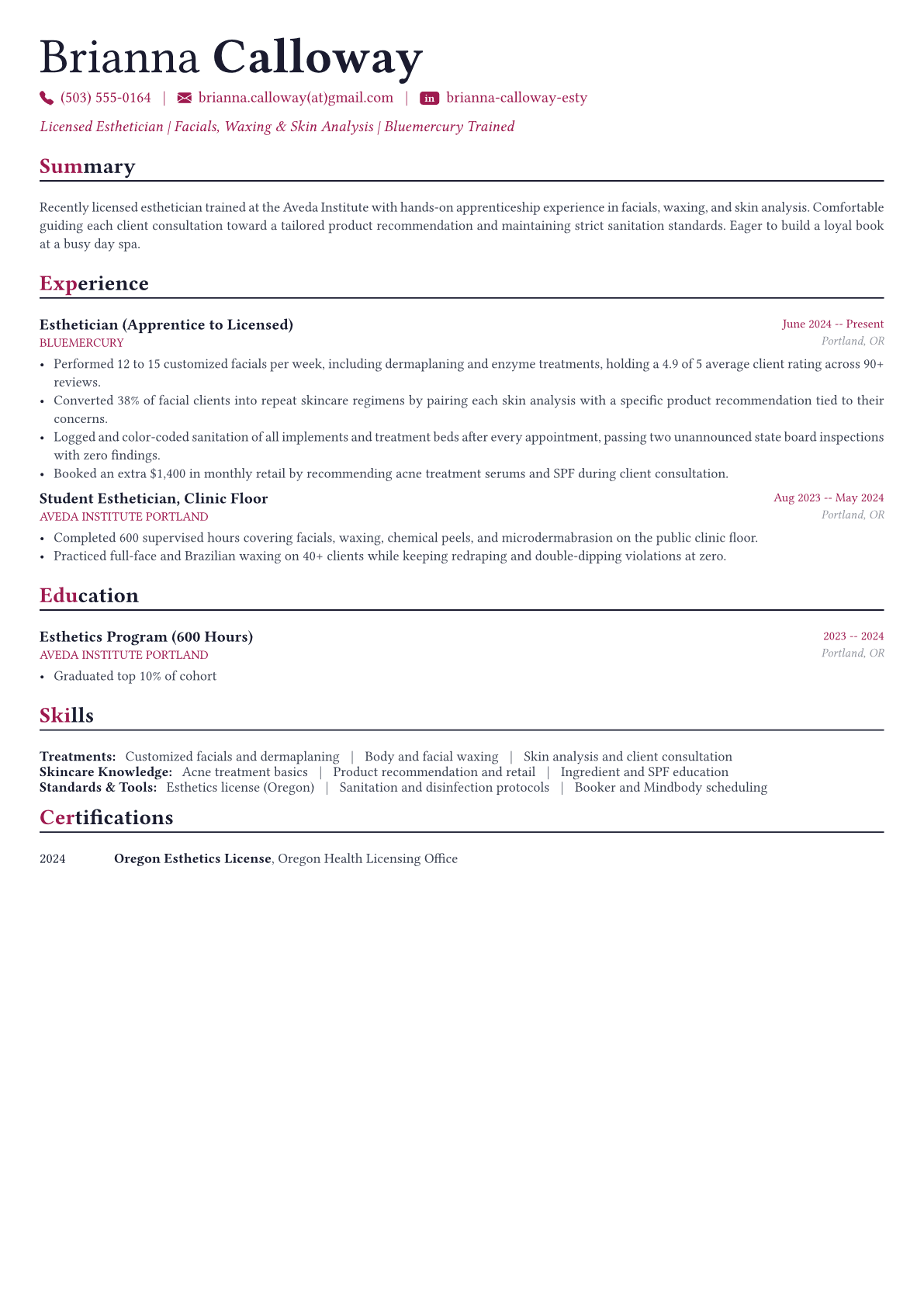 Esthetician resume example