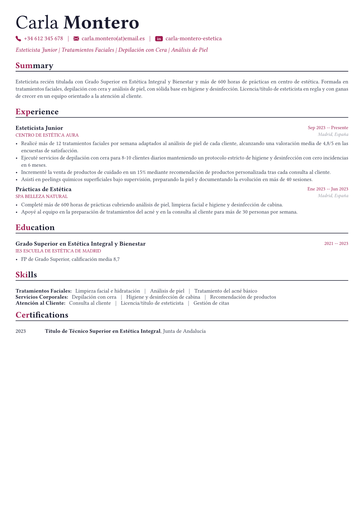 Esteticista ejemplo de CV