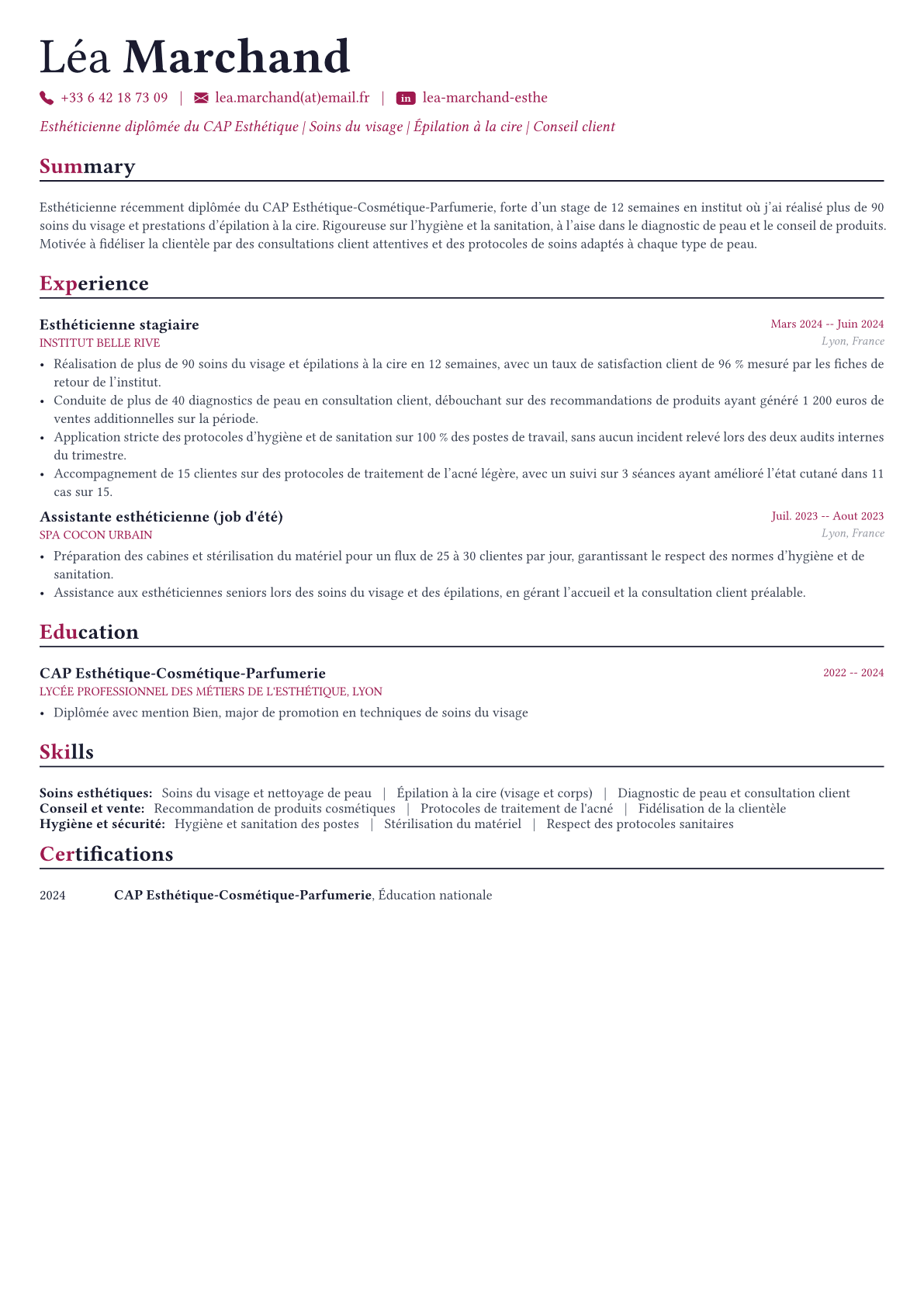 Esthéticienne exemple de CV