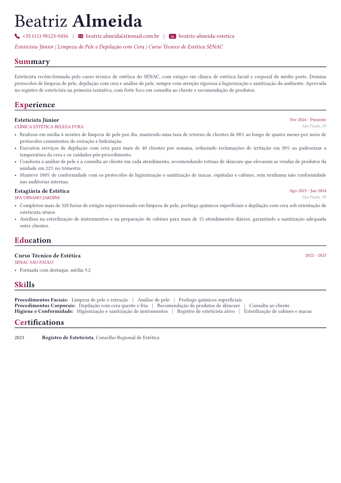 Esteticista exemplo de currículo
