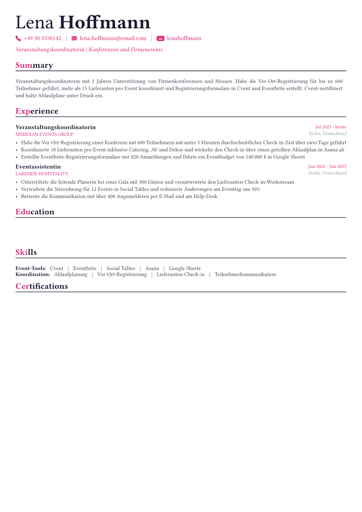 Event Planner Lebenslauf-Beispiel