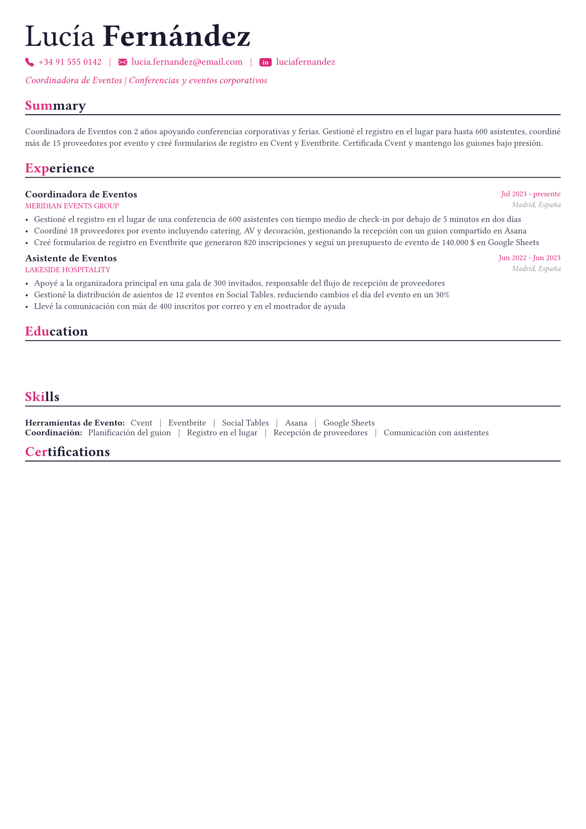 Event Planner ejemplo de CV