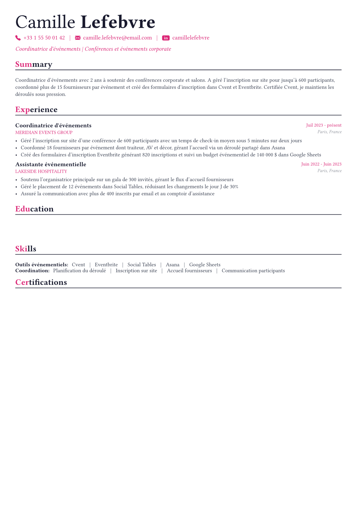 Event Planner exemple de CV