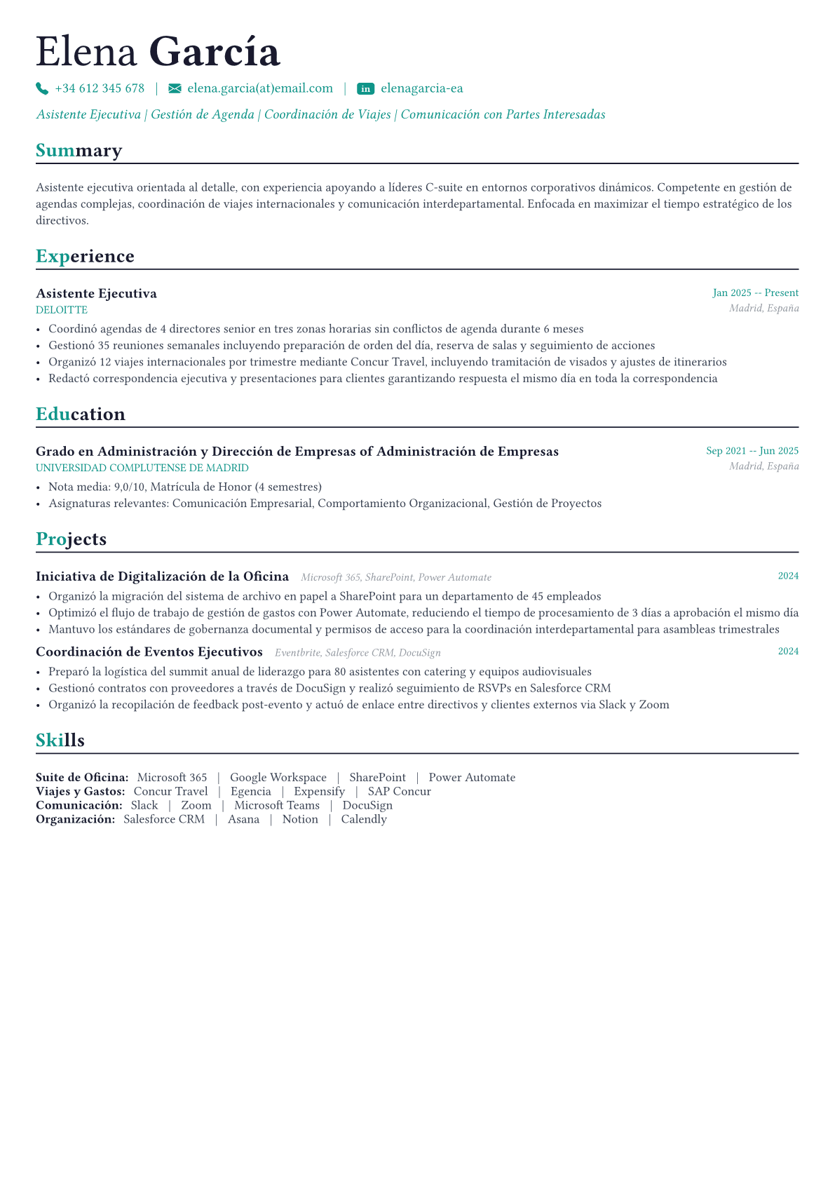 Executive Assistant ejemplo de CV