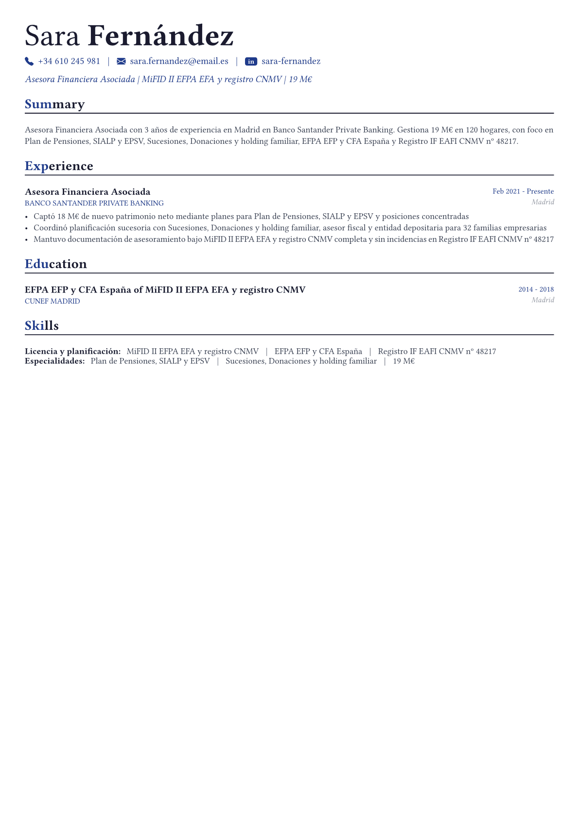 Financial Advisor ejemplo de CV