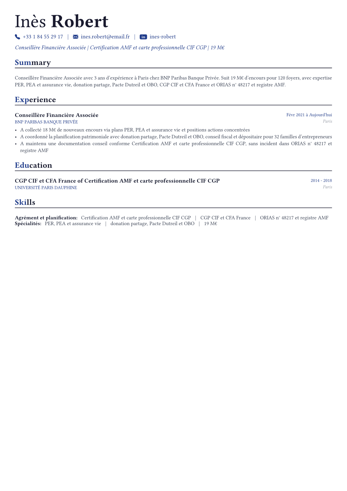Financial Advisor exemple de CV