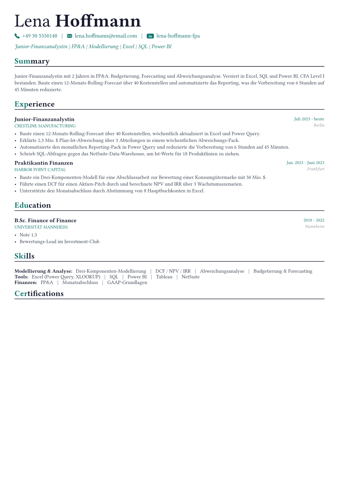 Financial Analyst Lebenslauf-Beispiel
