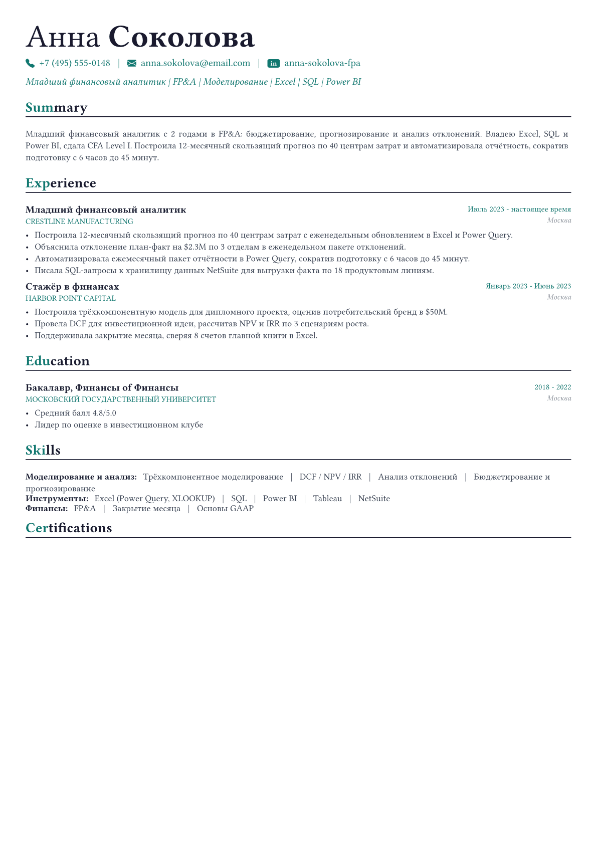 Финансовый аналитик пример CV