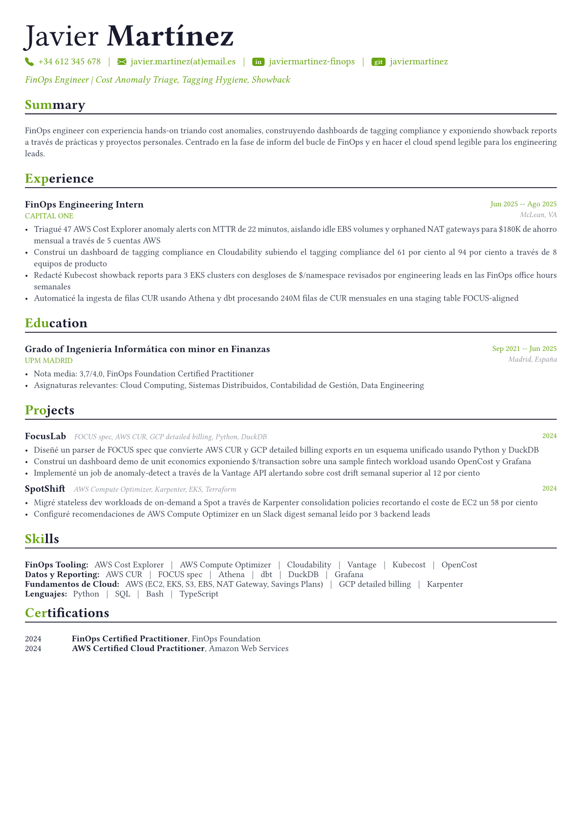 FinOps Engineer ejemplo de CV