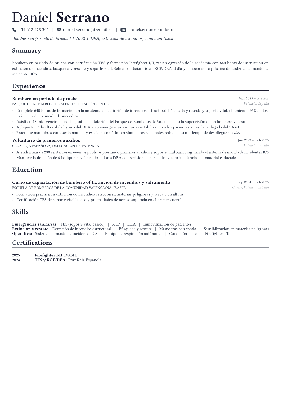 Bombero ejemplo de CV