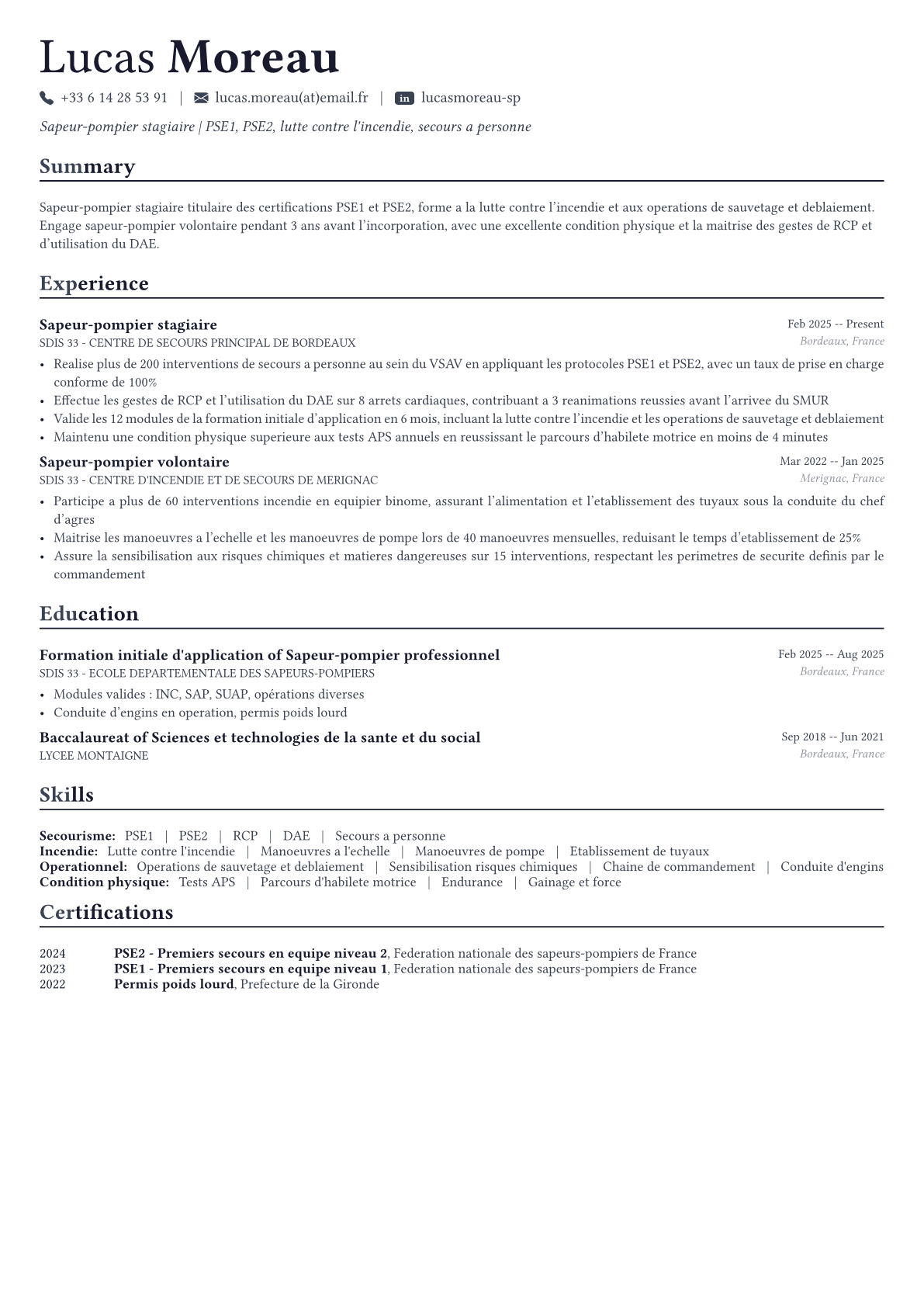 Pompier exemple de CV
