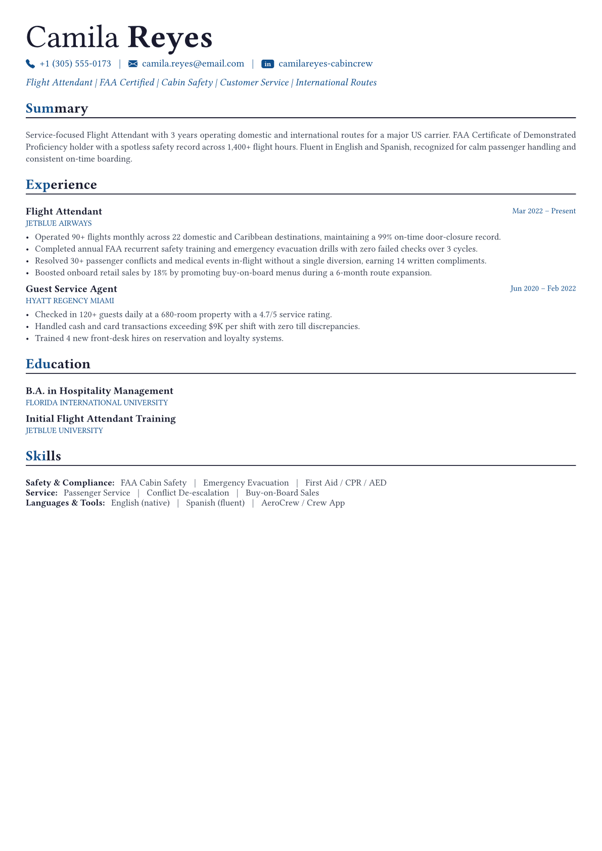 Flight Attendant resume example