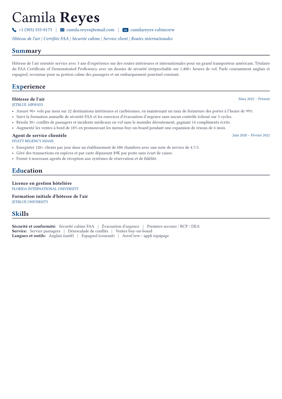 Flight Attendant exemple de CV