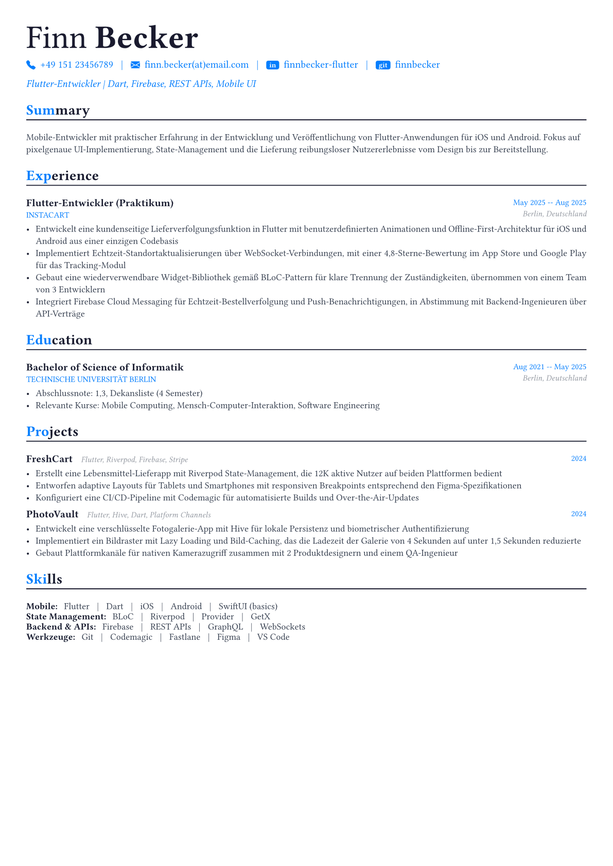 Flutter Developer Lebenslauf-Beispiel