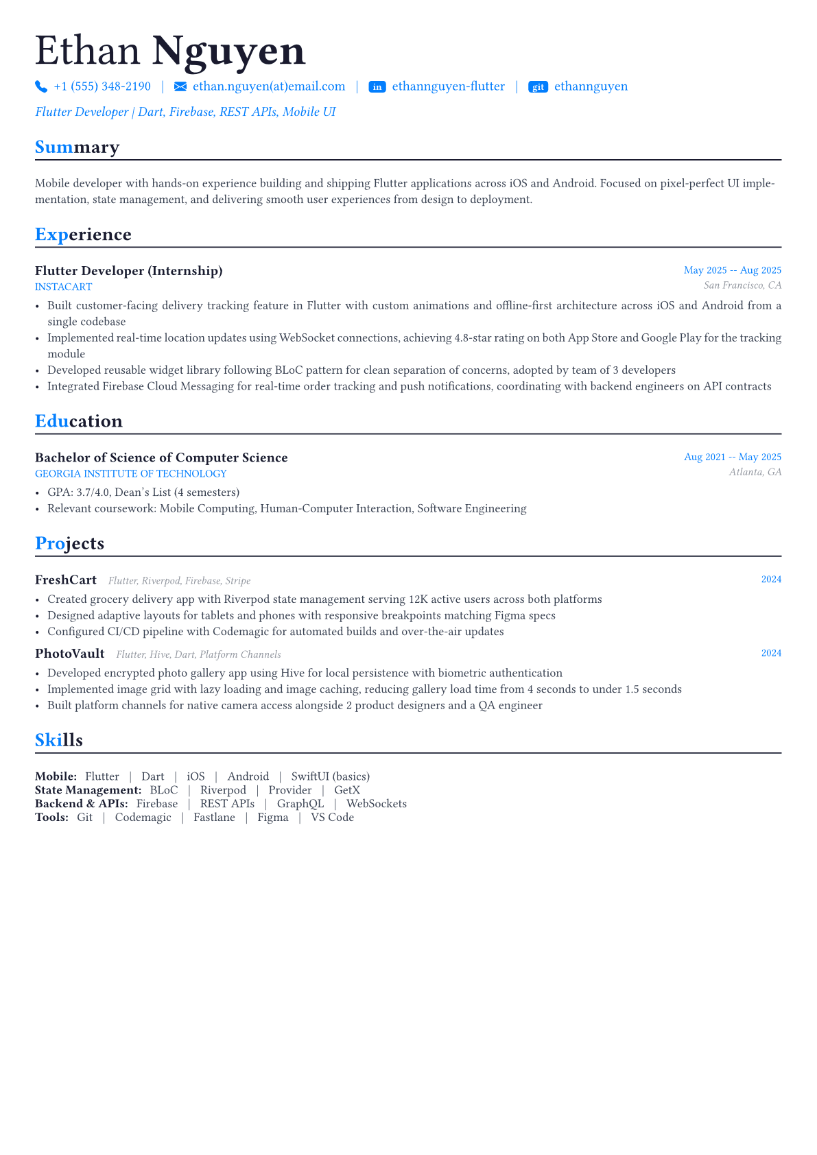 Flutter Developer resume example