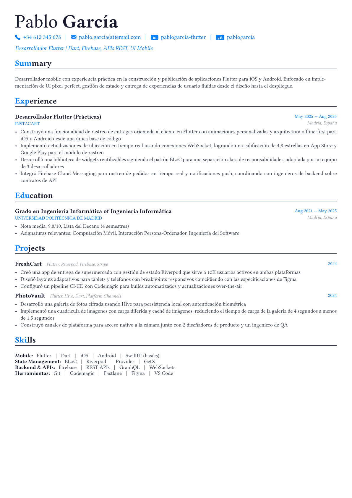 Flutter Developer ejemplo de CV