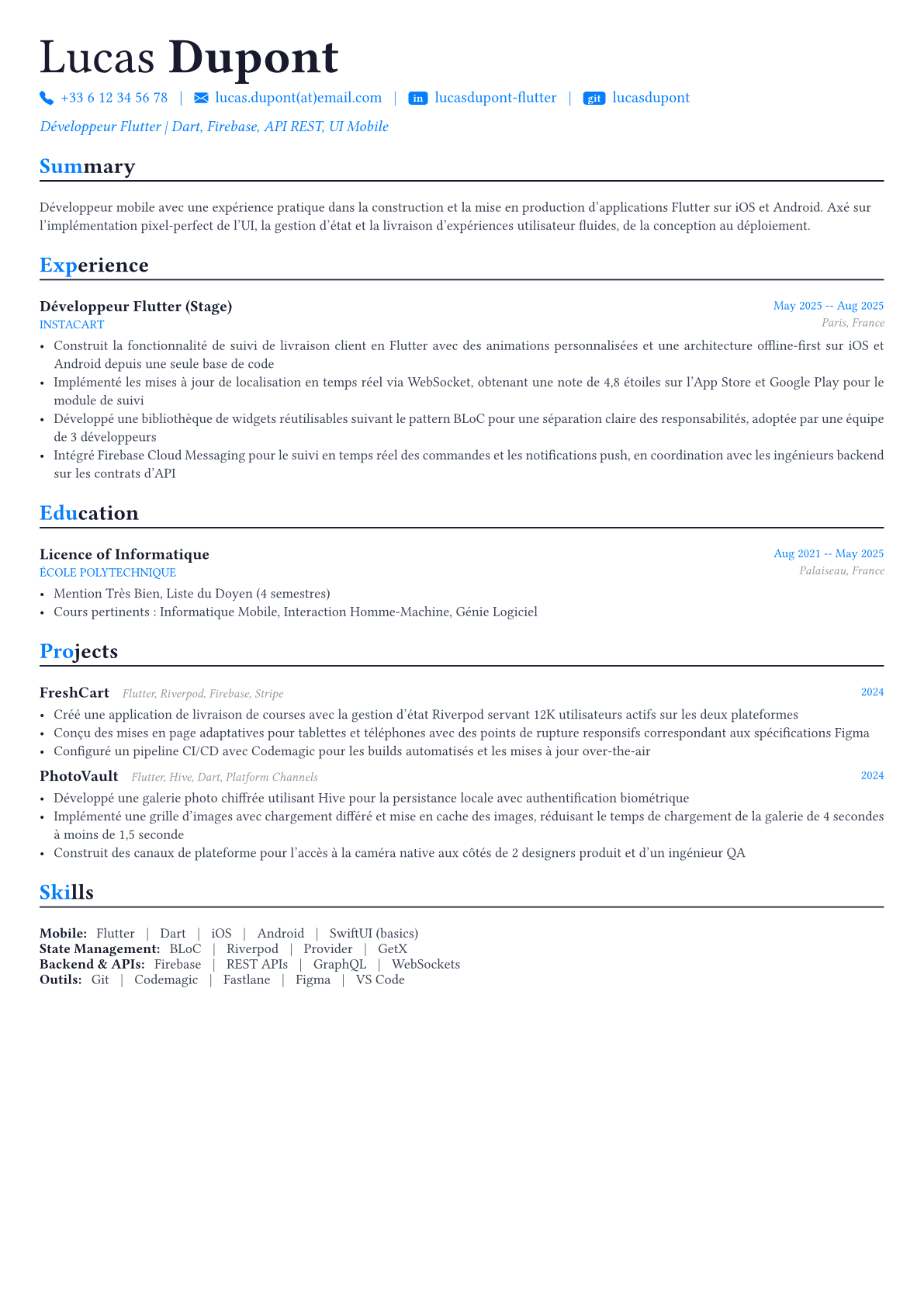 Flutter Developer exemple de CV