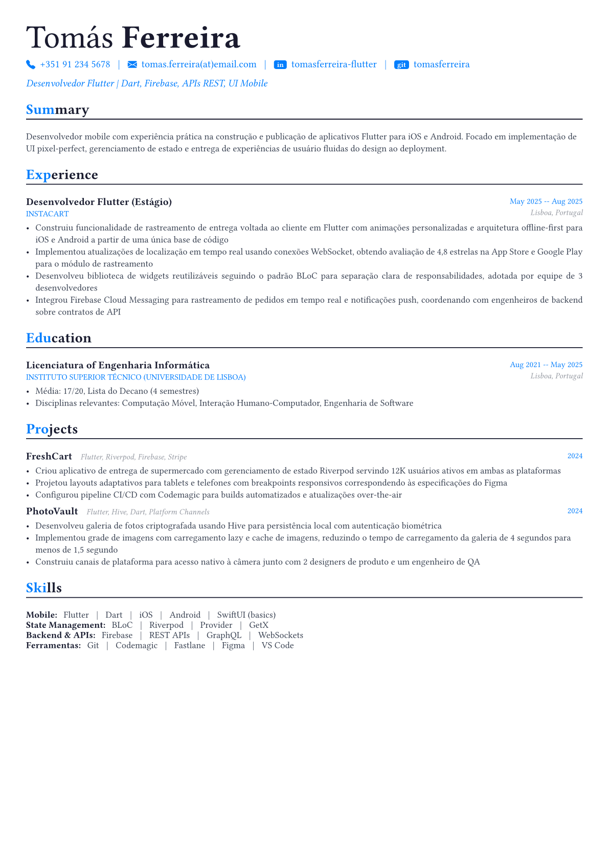 Flutter Developer exemplo de currículo
