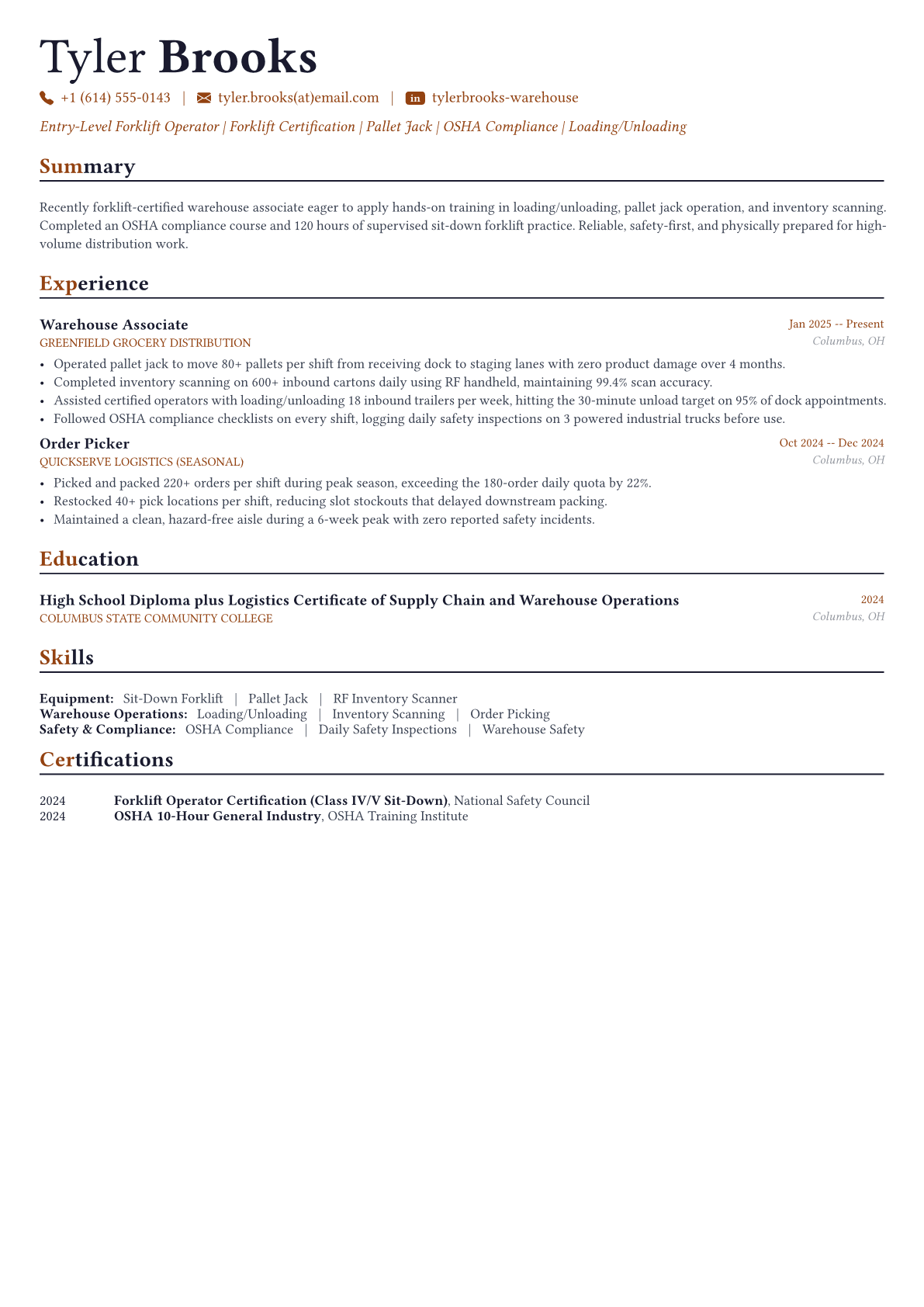 Forklift Operator resume example