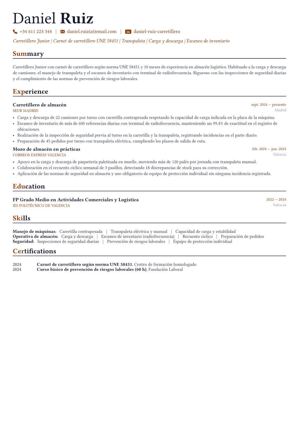 Carretillero ejemplo de CV