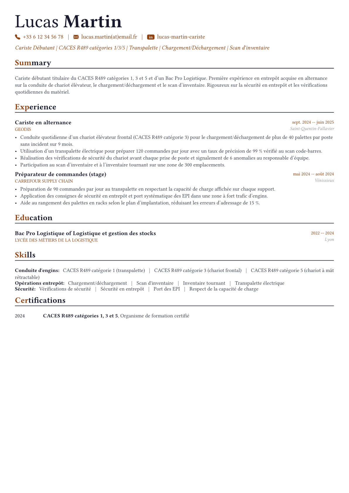 Cariste exemple de CV