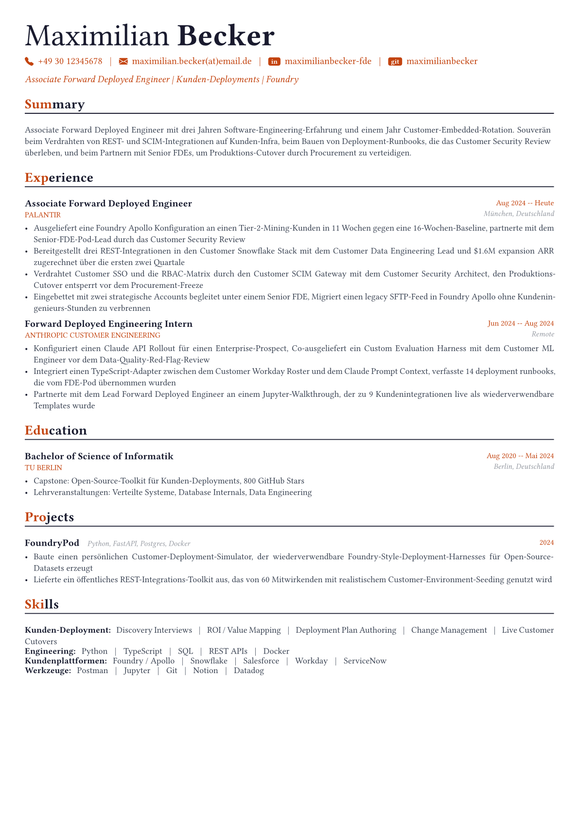 Forward Deployed Engineer Lebenslauf-Beispiel